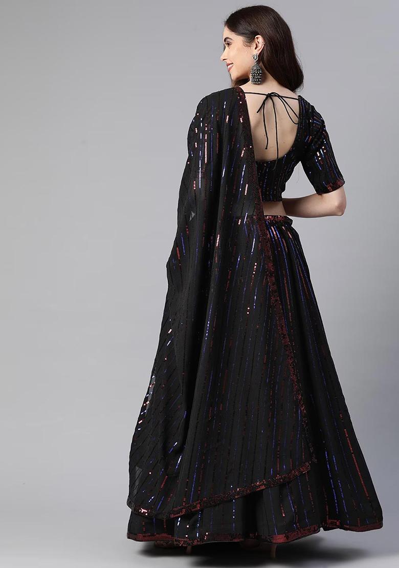 Black Sequin Embroidered Georgette Lehenga Set - Indya