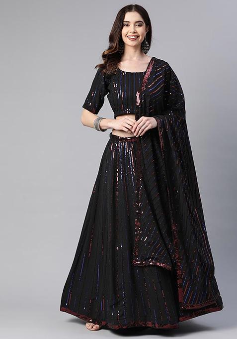 Black Sequin Embroidered Georgette Lehenga Set