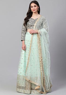Sky Blue Sequin Thread Embroidered Net Lehenga Set