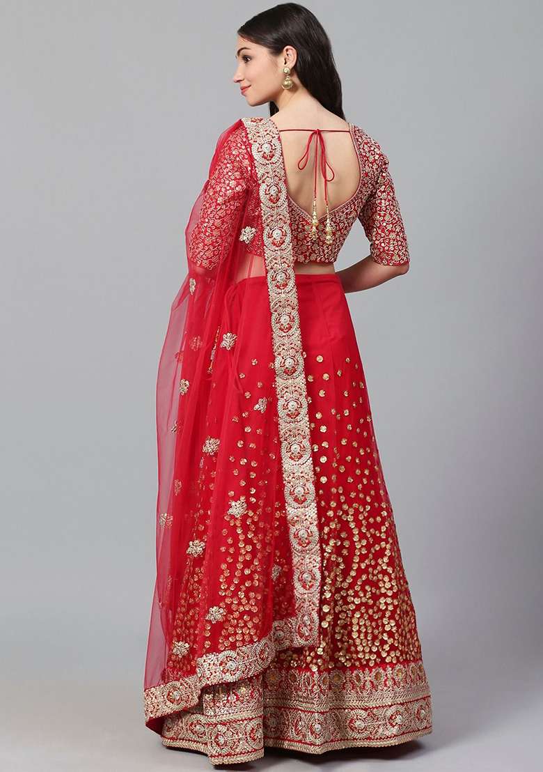 Red Sequin Dori Embroidered Net Lehenga Set for Diwali and Festive Wear - Indya