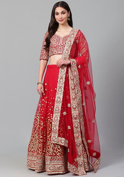 Red Sequin Dori Embroidered Net Lehenga Set