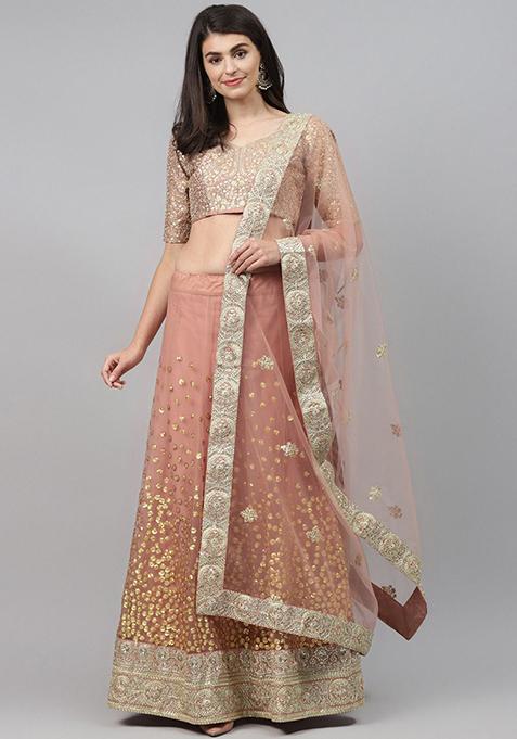 Brown Sequin Dori Embroidered Net Lehenga Set