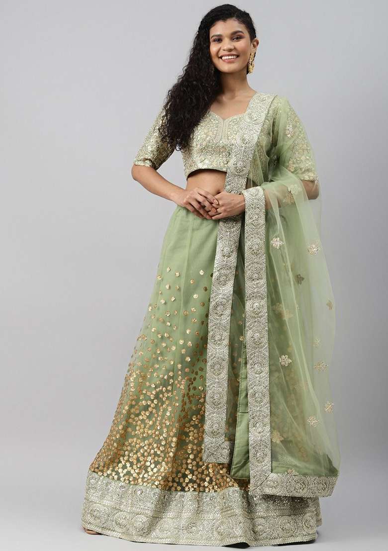 Green Sequin Zari Embroidered Net Lehenga Set for Diwali and Festive Wear - Indya