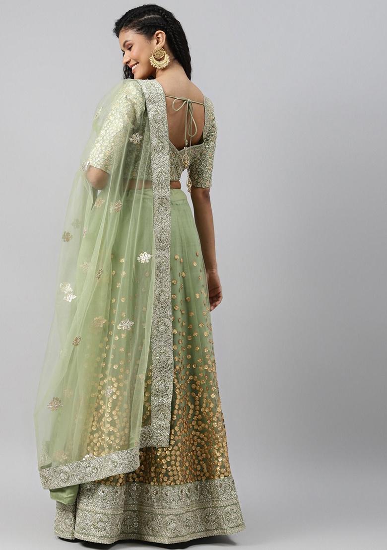 Green Sequin Zari Embroidered Net Lehenga Set