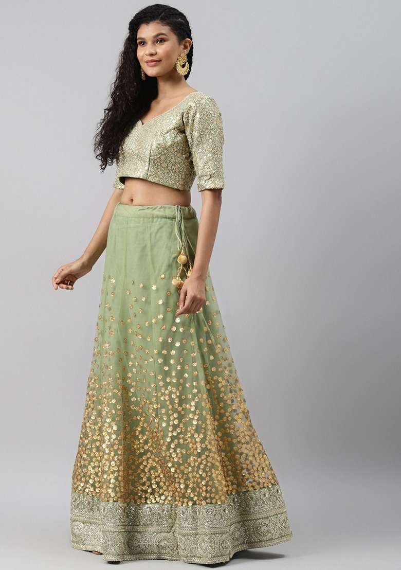 Green Sequin Zari Embroidered Net Lehenga Set for Diwali and Festive Wear - Indya
