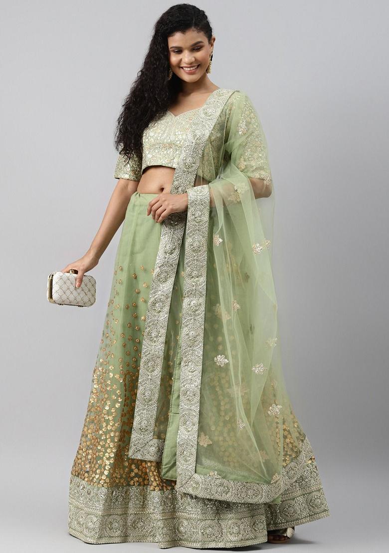 Green Sequin Zari Embroidered Net Lehenga Set