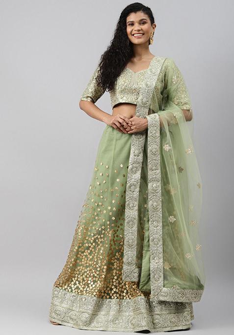 Green Sequin Zari Embroidered Net Lehenga Set