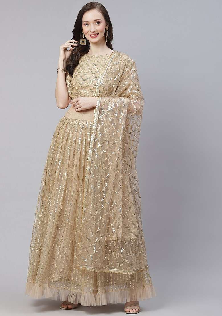 Beige Zari Net Lehenga Set with Embroidered & Sequin for Diwali | Wedding & Festive Wear - Indya