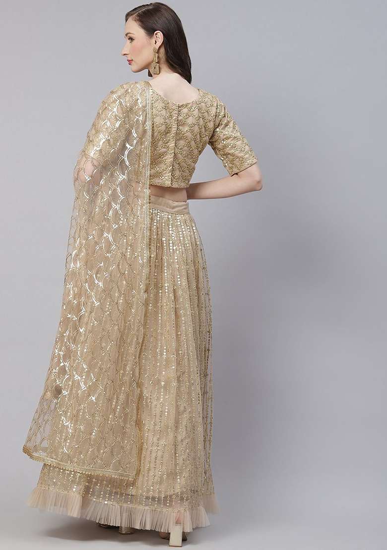 Beige Zari Net Lehenga Set with Embroidered & Sequin for Diwali | Wedding & Festive Wear - Indya