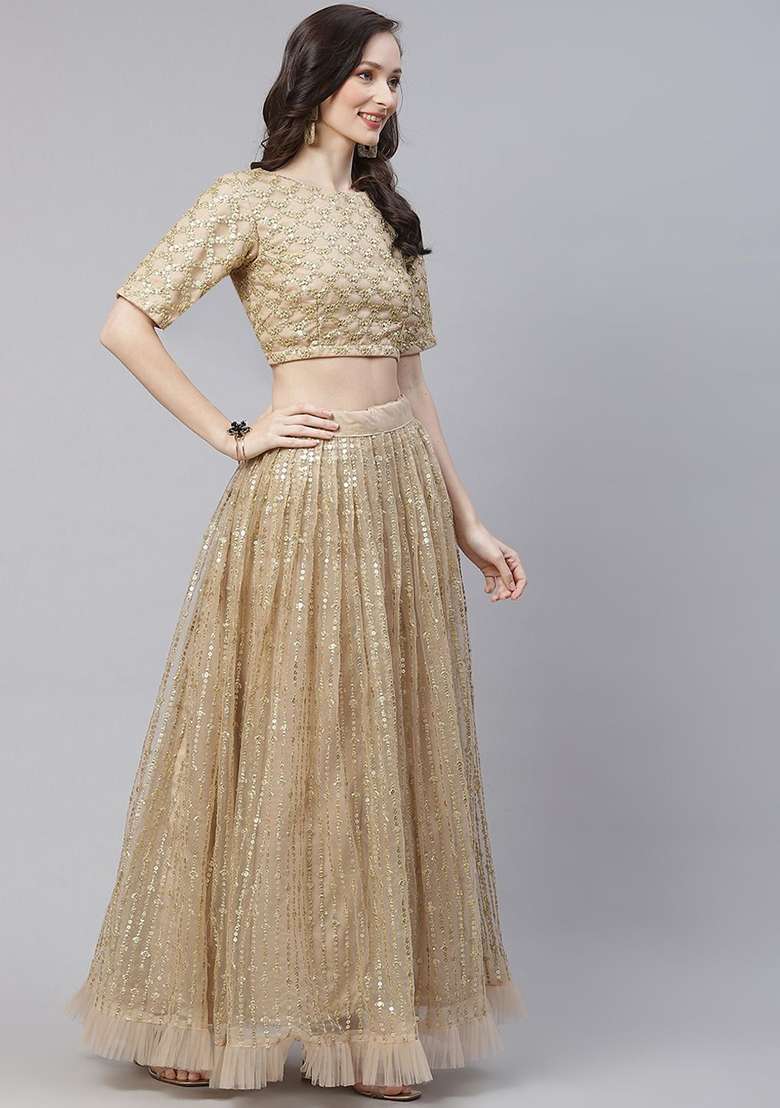 Beige Zari Net Lehenga Set with Embroidered & Sequin for Diwali | Wedding & Festive Wear - Indya