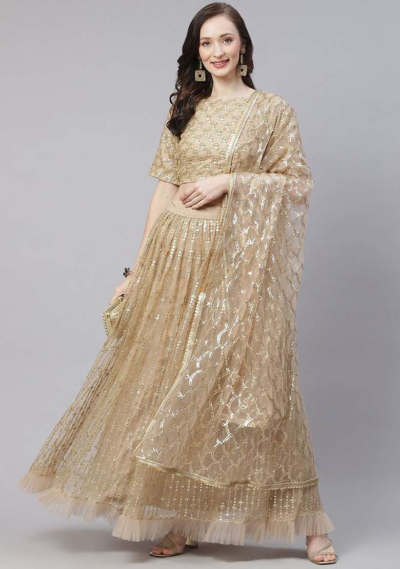 Beige Zari Net Lehenga Set with Embroidered & Sequin for Diwali | Wedding & Festive Wear - Indya