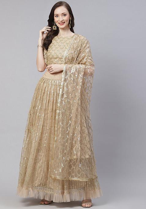 Beige Sequin Zari Embroidered Net Lehenga Set