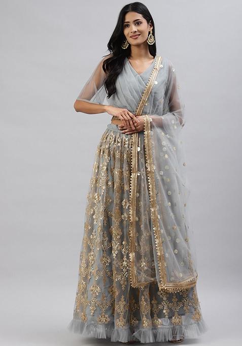 Grey Sequin Zari Embroidered Net Lehenga Set