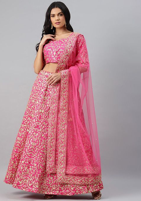 Pink Dori Embroidered Slub Silk Lehenga Set