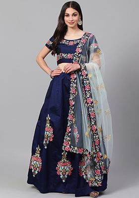 Blue Thread Embroidered Taffeta Silk Lehenga Set