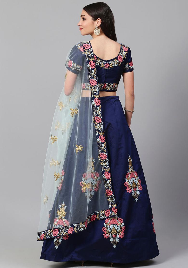 Blue Thread Embroidered Taffeta Silk Lehenga Set - Indya