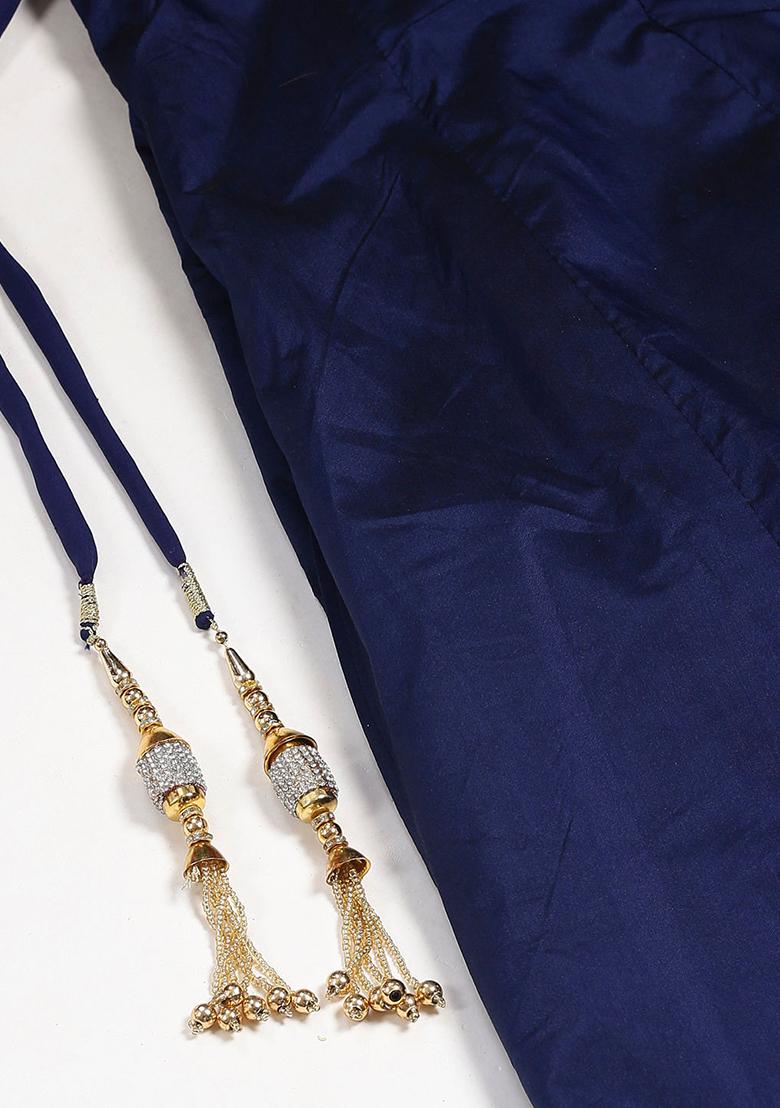 Blue Thread Embroidered Taffeta Silk Lehenga Set - Indya