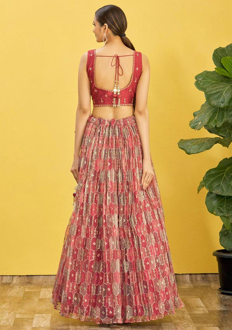 Brown Mirror Zari Embroidered Organza Lehenga Set - Indya