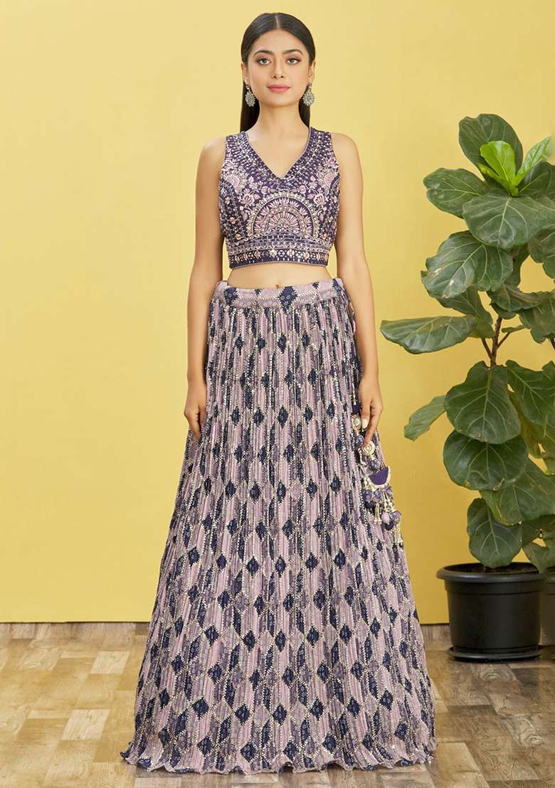 Blue Mirror Zari Embroidered Chinon Lehenga Set for Diwali and Festive Wear - Indya