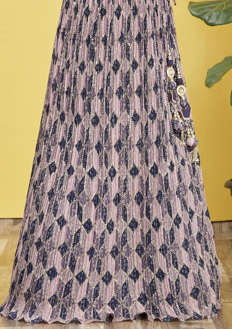 Blue Mirror Zari Embroidered Chinon Lehenga Set - Indya