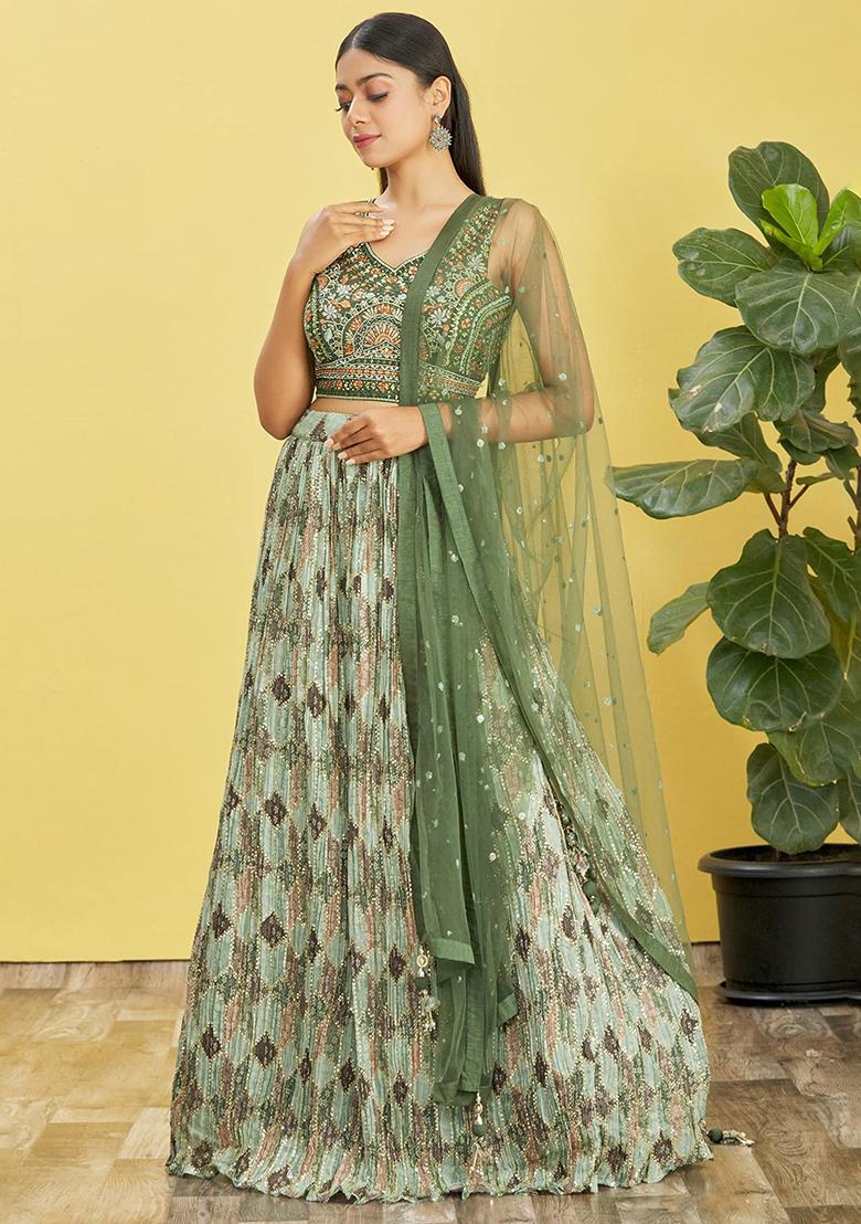 Green Mirror Thread Embroidered Chinon Lehenga Set - Indya