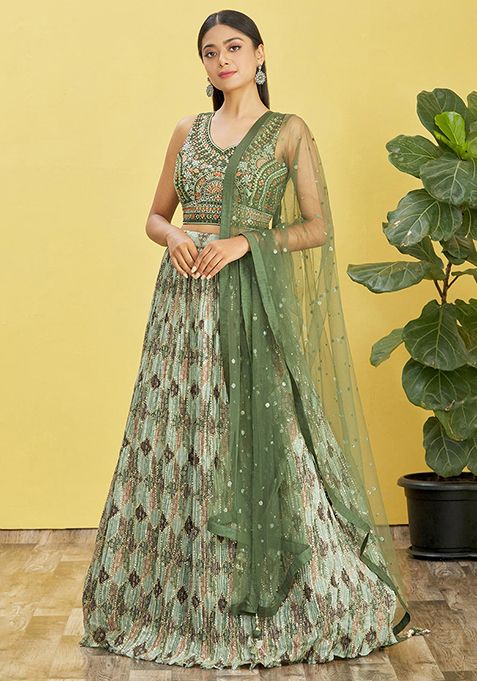 Green Mirror Thread Embroidered Chinon Lehenga Set