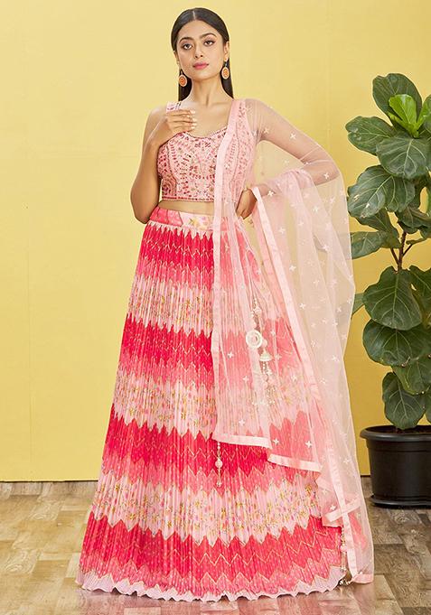 Pink Mirror Embroidered Chinon Lehenga Set