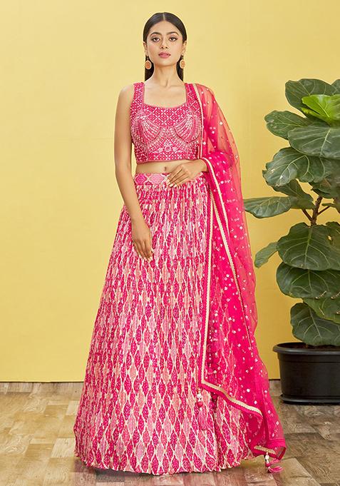 Pink Mirror Zari Embroidered Chinon Lehenga Set