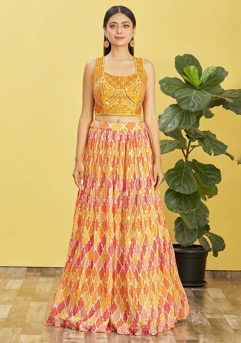 Yellow Mirror Zari Chinon Lehenga Set with Embroidered for Diwali | Wedding & Festive Wear - Indya
