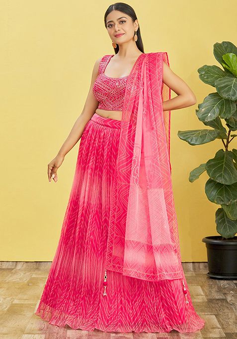 Pink Mirror Zari Embroidered Organza Lehenga Set