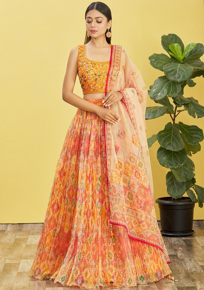 Yellow Mirror Zari Embroidered Organza Lehenga Set