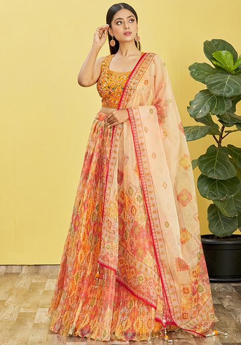 Yellow Mirror Zari Embroidered Organza Lehenga Set