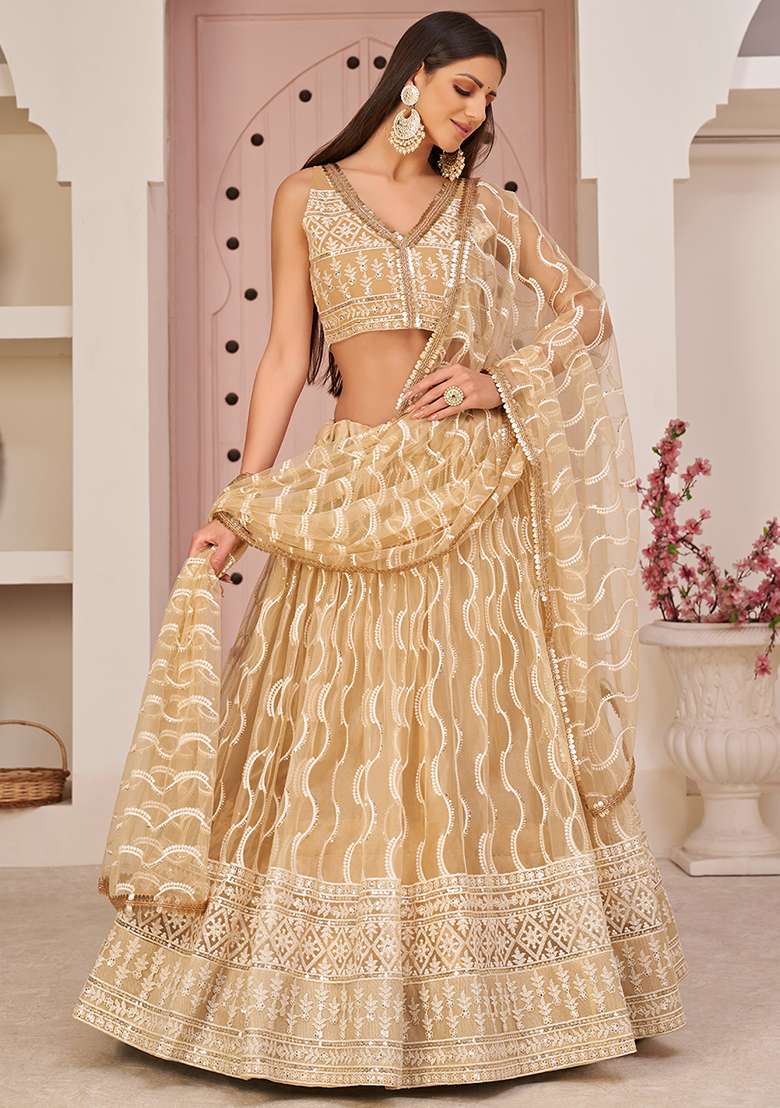 Beige Thread Sequin Embroidered Net Lehenga Set for Diwali and Festive Wear - Indya