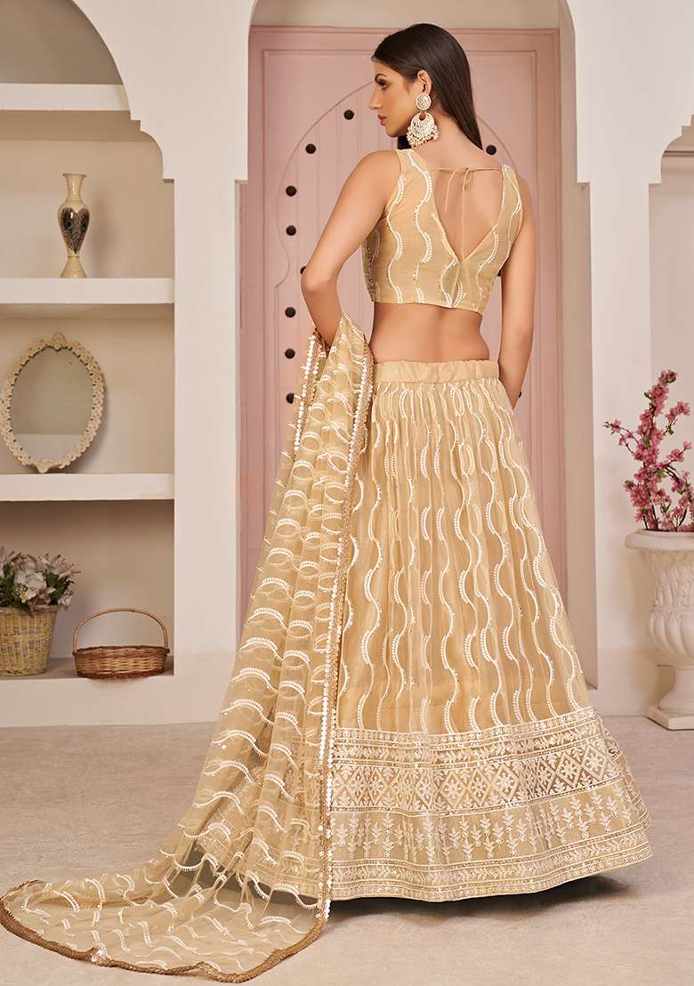 Beige Thread Sequin Embroidered Net Lehenga Set for Diwali and Festive Wear - Indya
