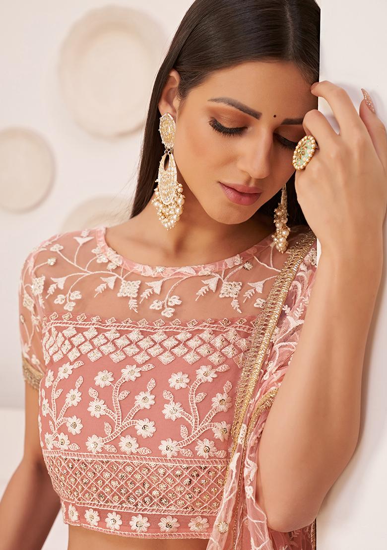 Light Pink Thread Sequin Embroidered Net Lehenga Set - Indya