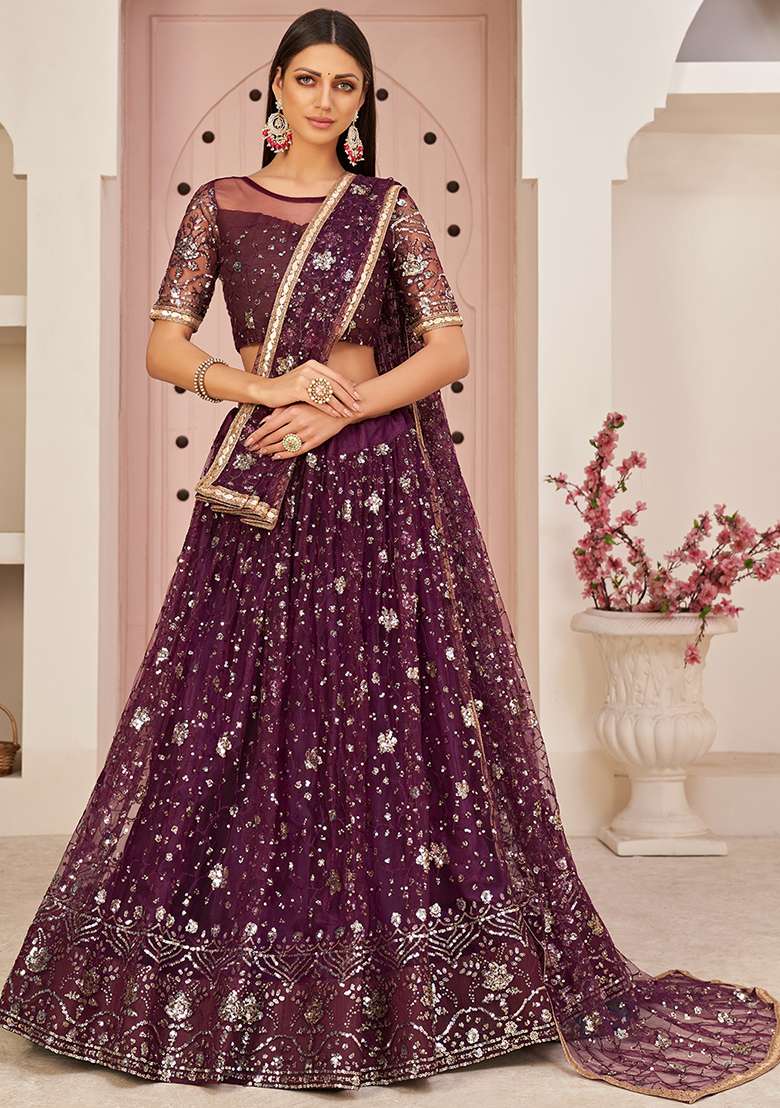 Purple Sequin Thread Embroidered Net Lehenga Set for Diwali and Festive Wear - Indya