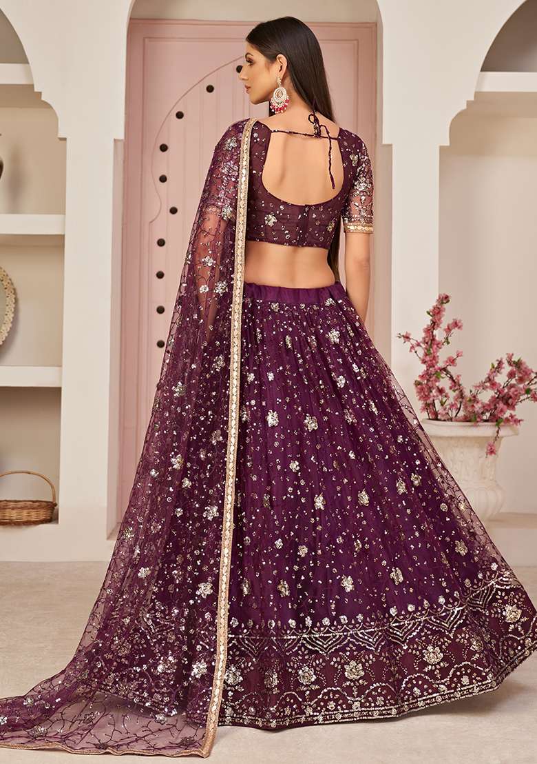 Purple Sequin Thread Embroidered Net Lehenga Set for Diwali and Festive Wear - Indya
