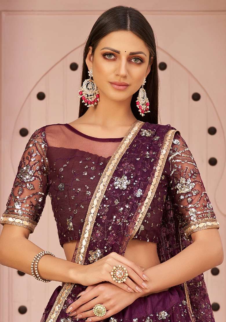 Purple Sequin Thread Embroidered Net Lehenga Set for Diwali and Festive Wear - Indya