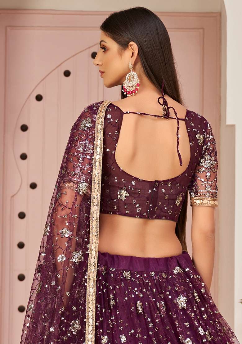 Purple Sequin Thread Embroidered Net Lehenga Set for Diwali and Festive Wear - Indya