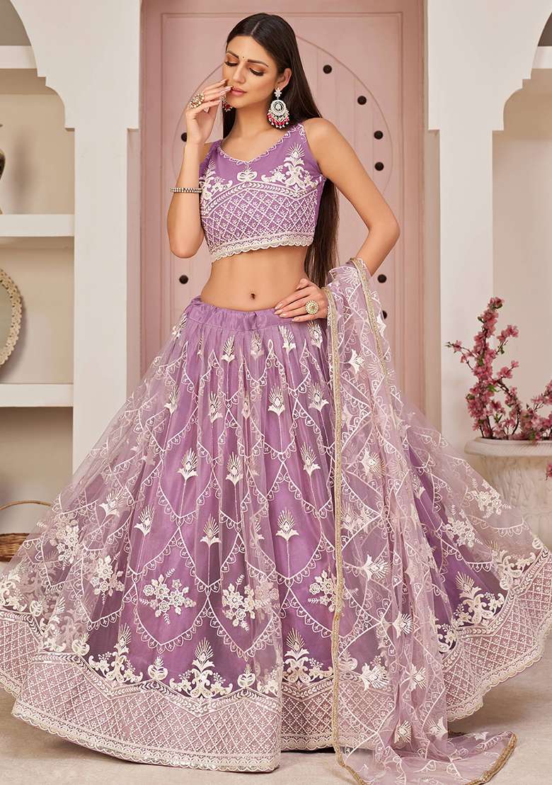 Purple Net Lehenga Set with Embroidered & Sequin for Diwali | Wedding & Festive Wear - Indya