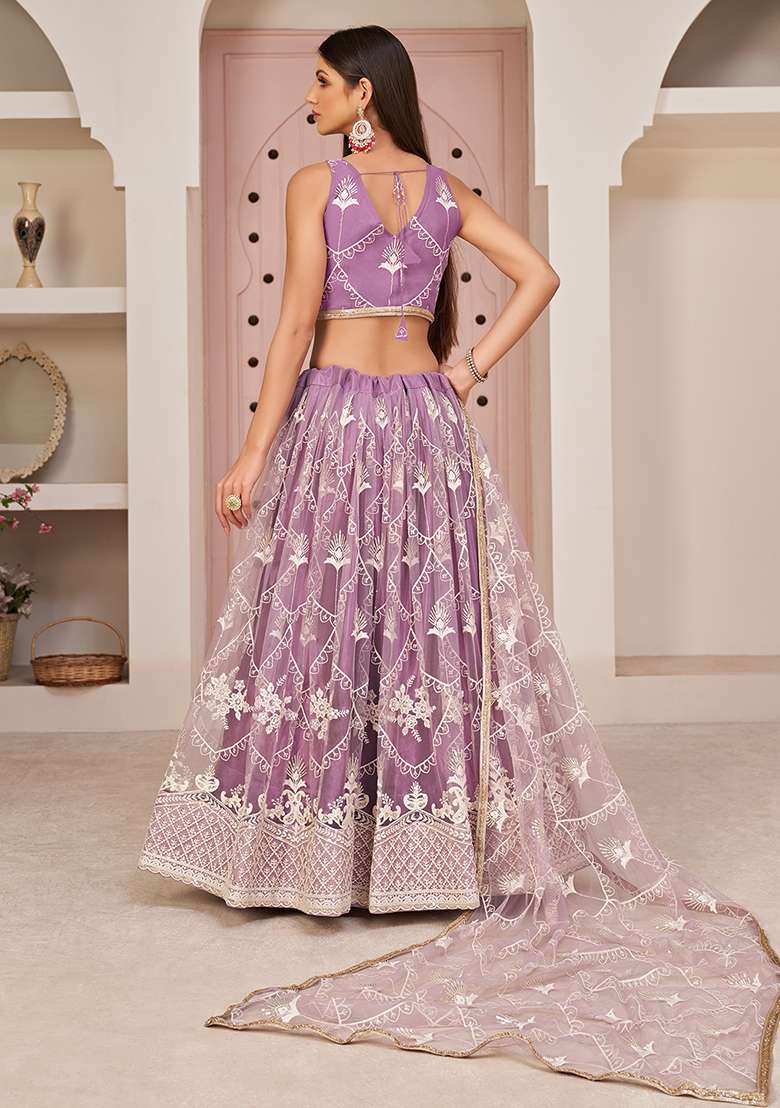 Purple Net Lehenga Set with Embroidered & Sequin for Diwali | Wedding & Festive Wear - Indya