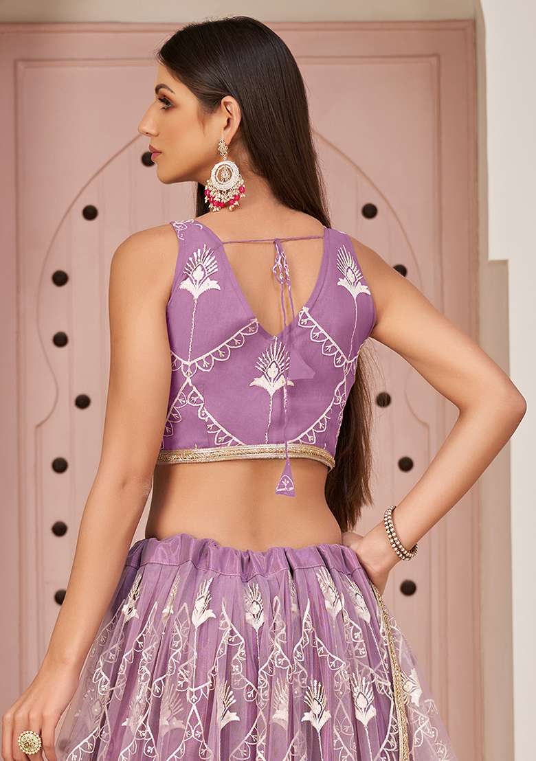 Purple Net Lehenga Set with Embroidered & Sequin for Diwali | Wedding & Festive Wear - Indya
