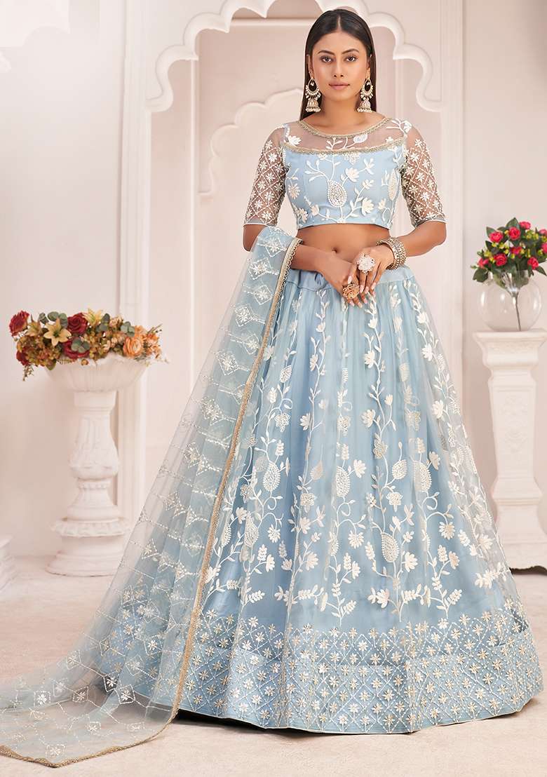Sky Blue Thread Net Lehenga Set with Embroidered for Diwali | Wedding & Festive Wear - Indya