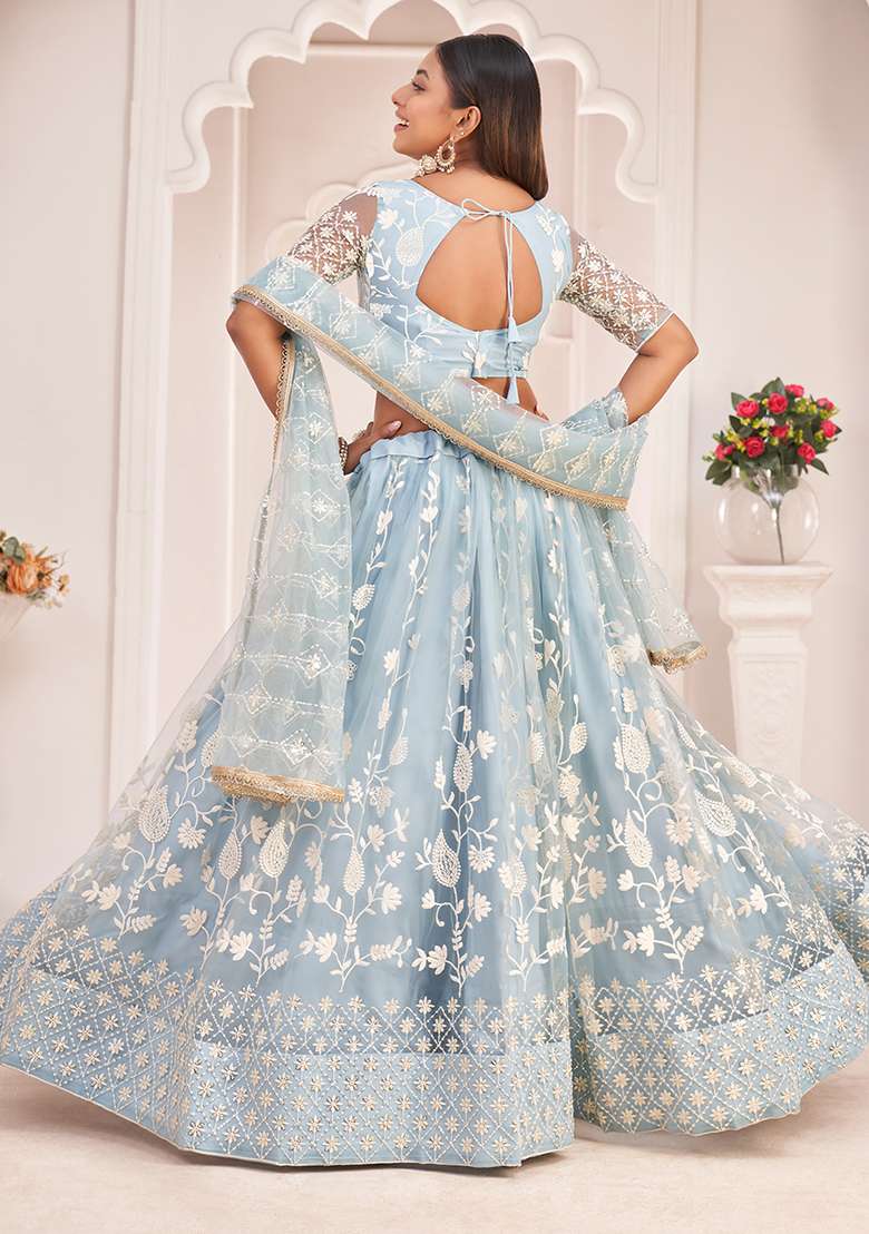 Sky Blue Thread Net Lehenga Set with Embroidered for Diwali | Wedding & Festive Wear - Indya