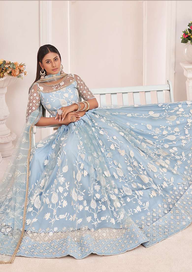 Sky Blue Thread Net Lehenga Set with Embroidered for Diwali | Wedding & Festive Wear - Indya