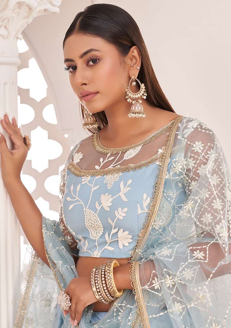 Sky Blue Thread Net Lehenga Set with Embroidered for Diwali | Wedding & Festive Wear - Indya