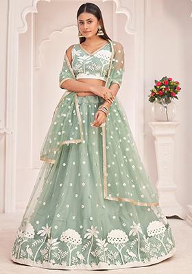 Green Sequin Thread Embroidered Net Lehenga Set