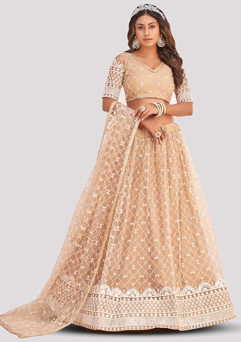 Beige Thread Embroidered Net Lehenga Set for Diwali and Festive Wear - Indya