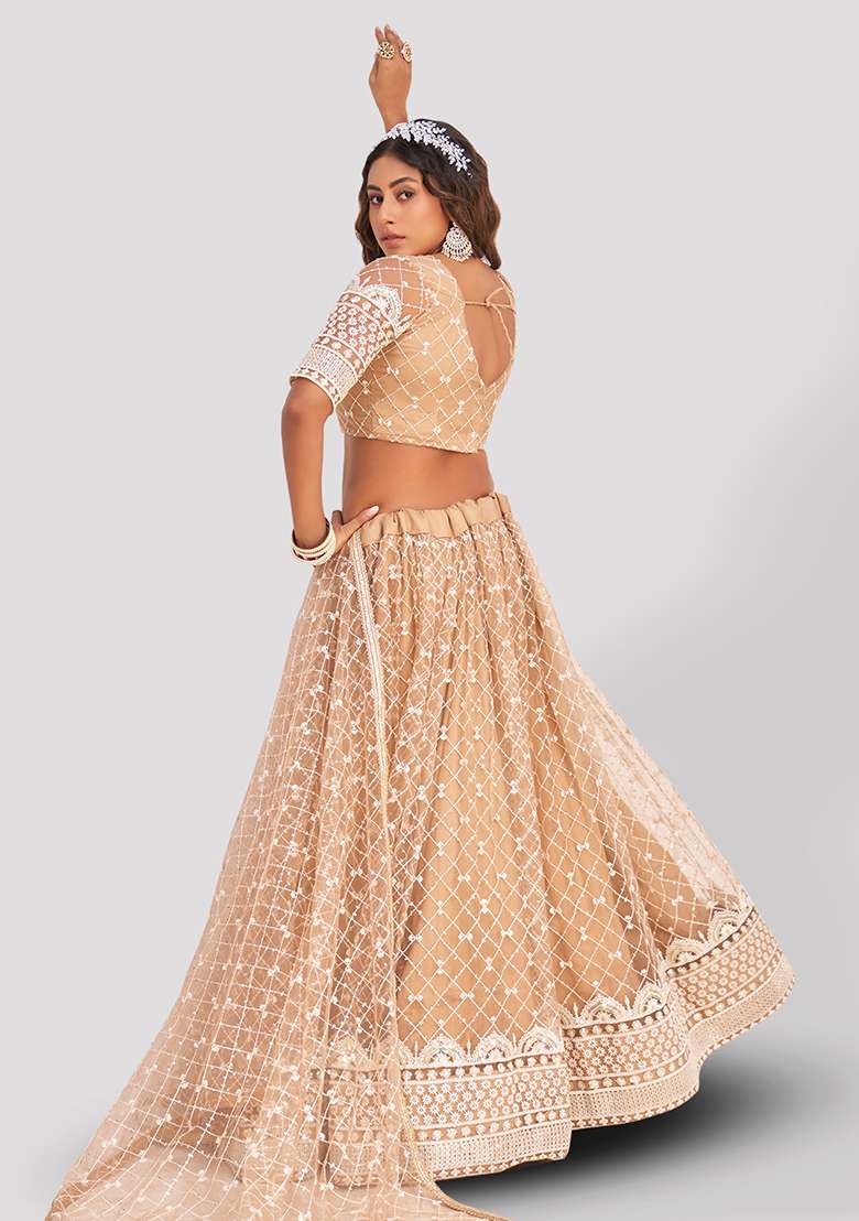 Beige Thread Embroidered Net Lehenga Set for Diwali and Festive Wear - Indya