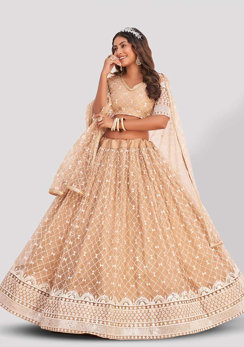 Beige Thread Embroidered Net Lehenga Set for Diwali and Festive Wear - Indya